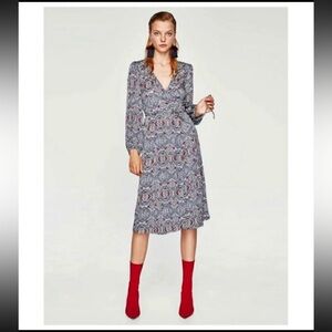 Zara Blue and Red Patterned Midi Dress